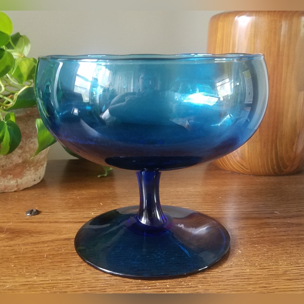 Vintage Mid Century Modern Blue Glass Pedestal Bowl Compote